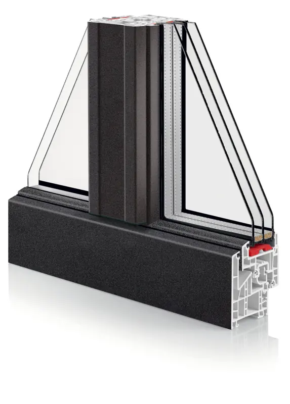 Angle de fenêtre RFP® FPEE noir sablé en coupe, avec son vitrage