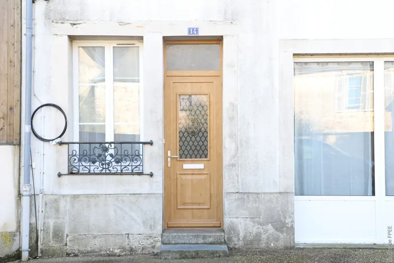 Porte d'entrée PVC FPEE Calabre vitrée aspect chêne naturel avec imposte